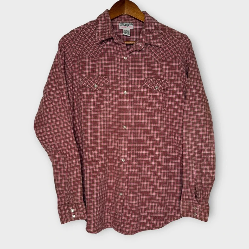 Wrangler Wrancher Pearl Snap Flannel Long Sleeve Shirt Brown Pink Plaid Soft XXL - Picture 2 of 6
